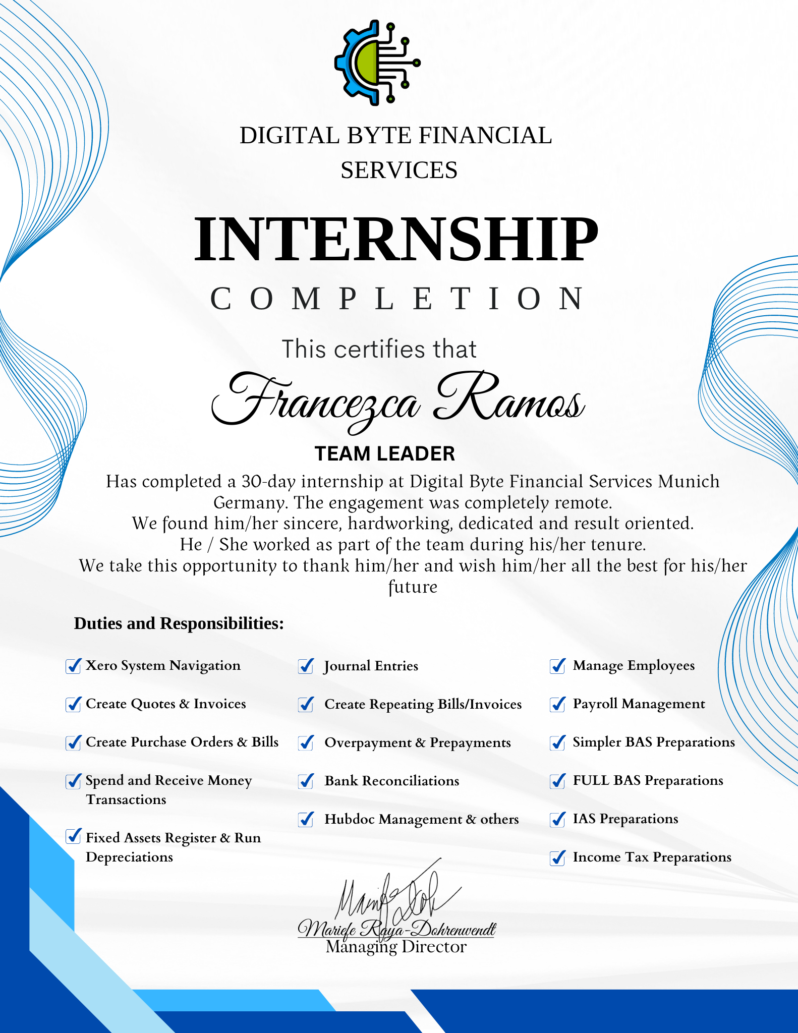 Certificate of Internship Completion - Xero Bookkeeping