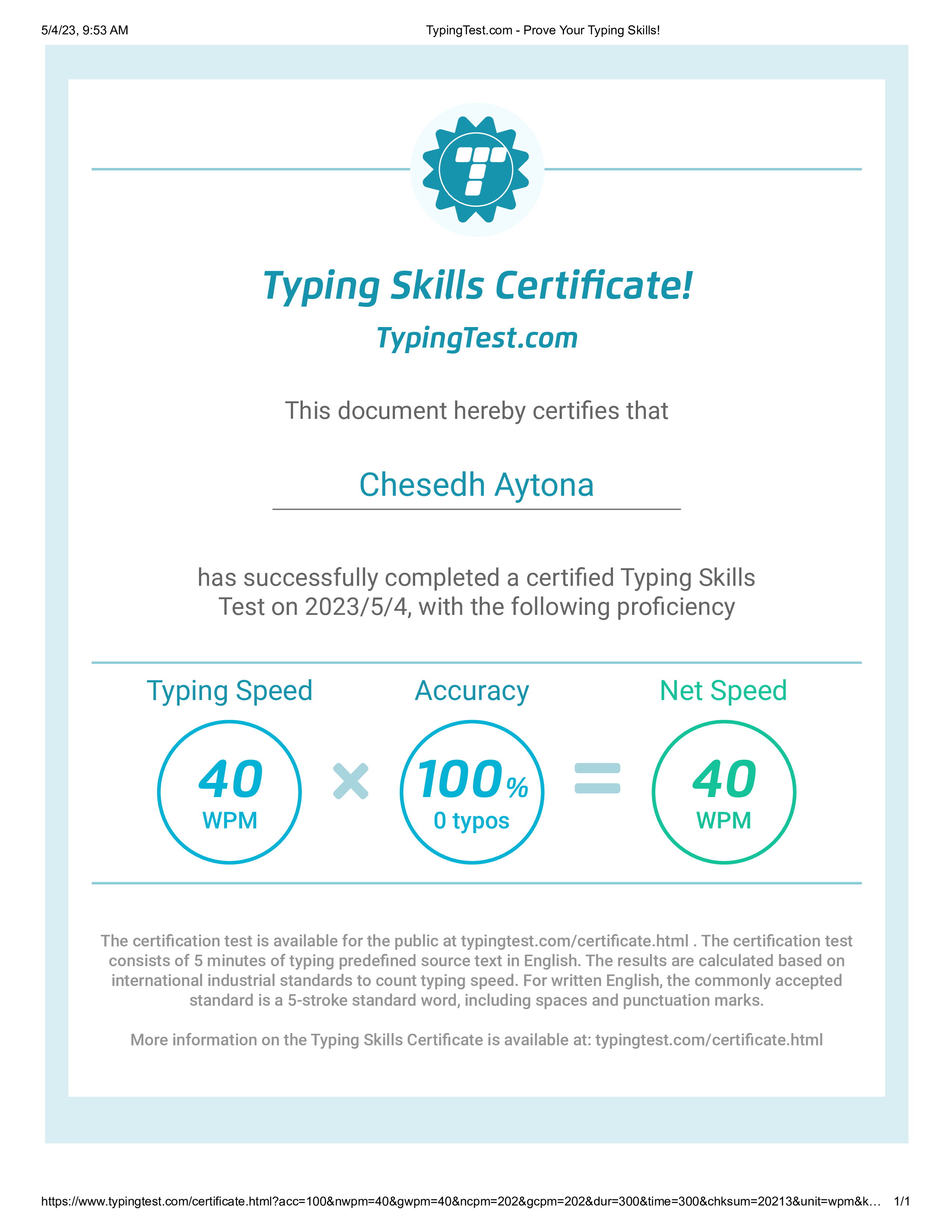 Typing Skills Certificate