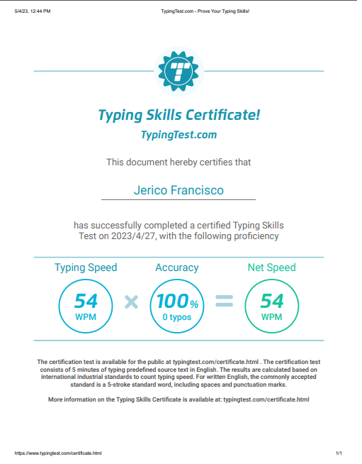 Typing Test Certificate