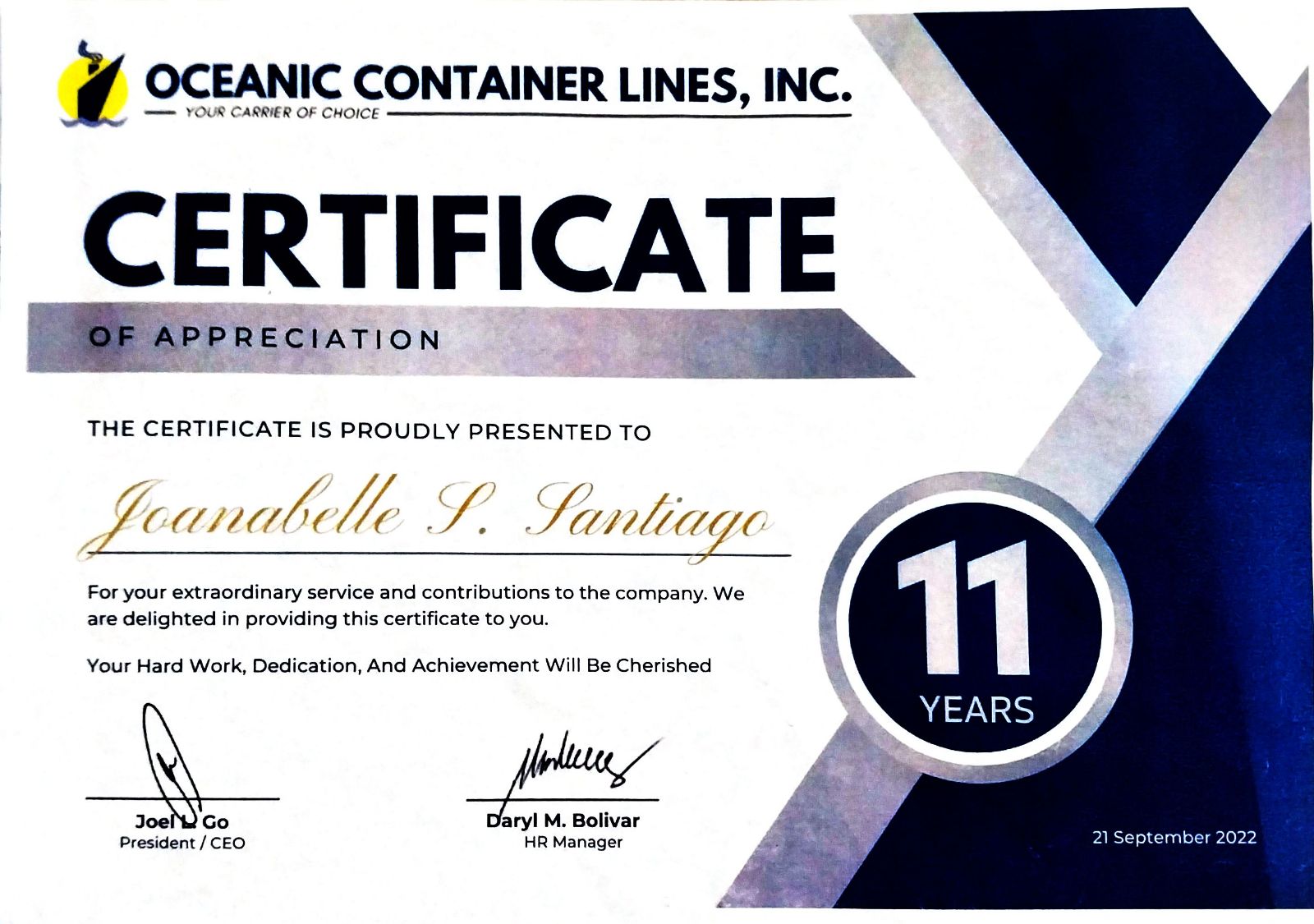 11 YEARS IN SERVICE IN SHIPPING LINES