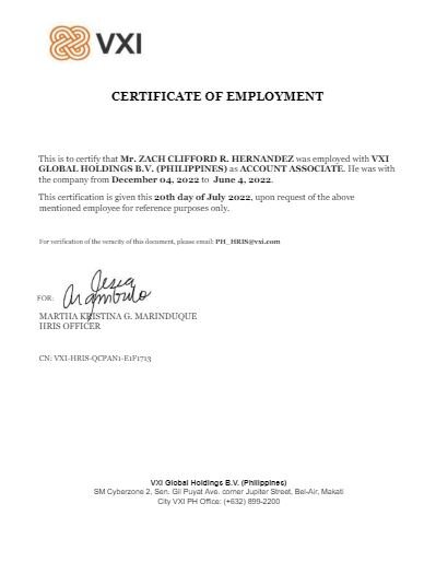 CERTIFICATE OF EMPLOYMENT IN VXI ( Customer Service Representative )