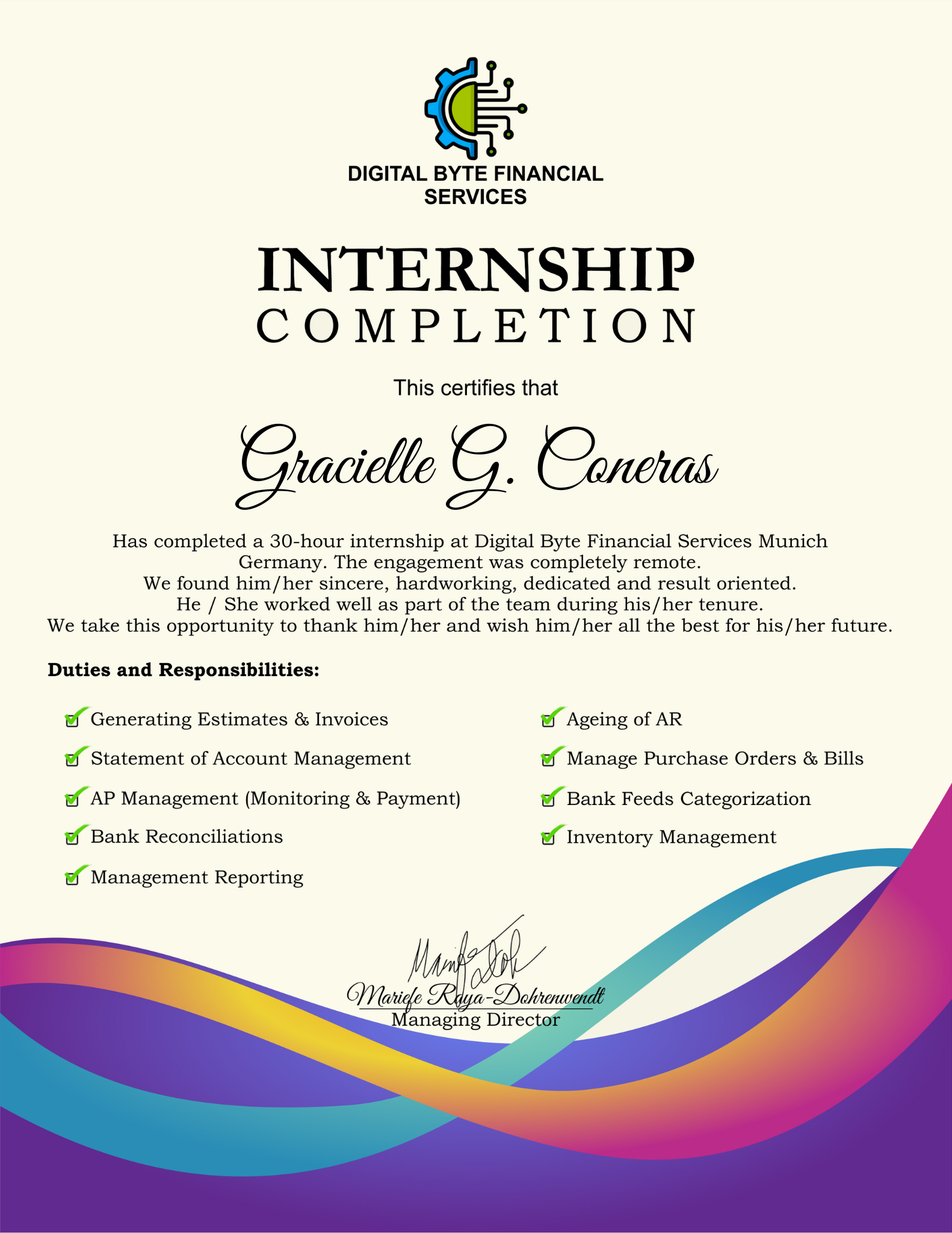 BOOKKEEPER INTERN CERTIFICATE