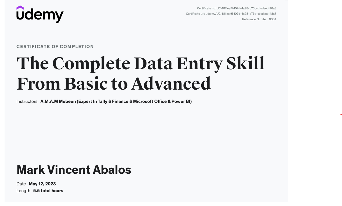 Data Entry  Cert from Udemy