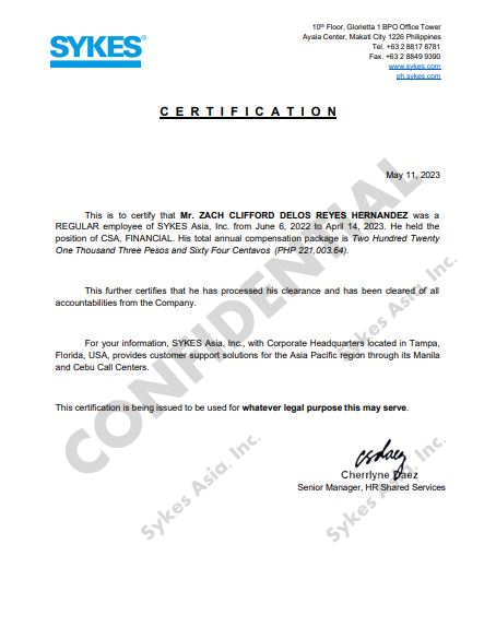 Sykes Asia Inc. Certificate of Employment