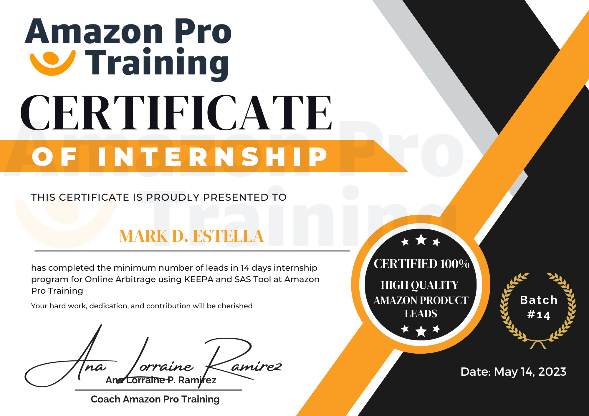 Certificate of Amazon Internship