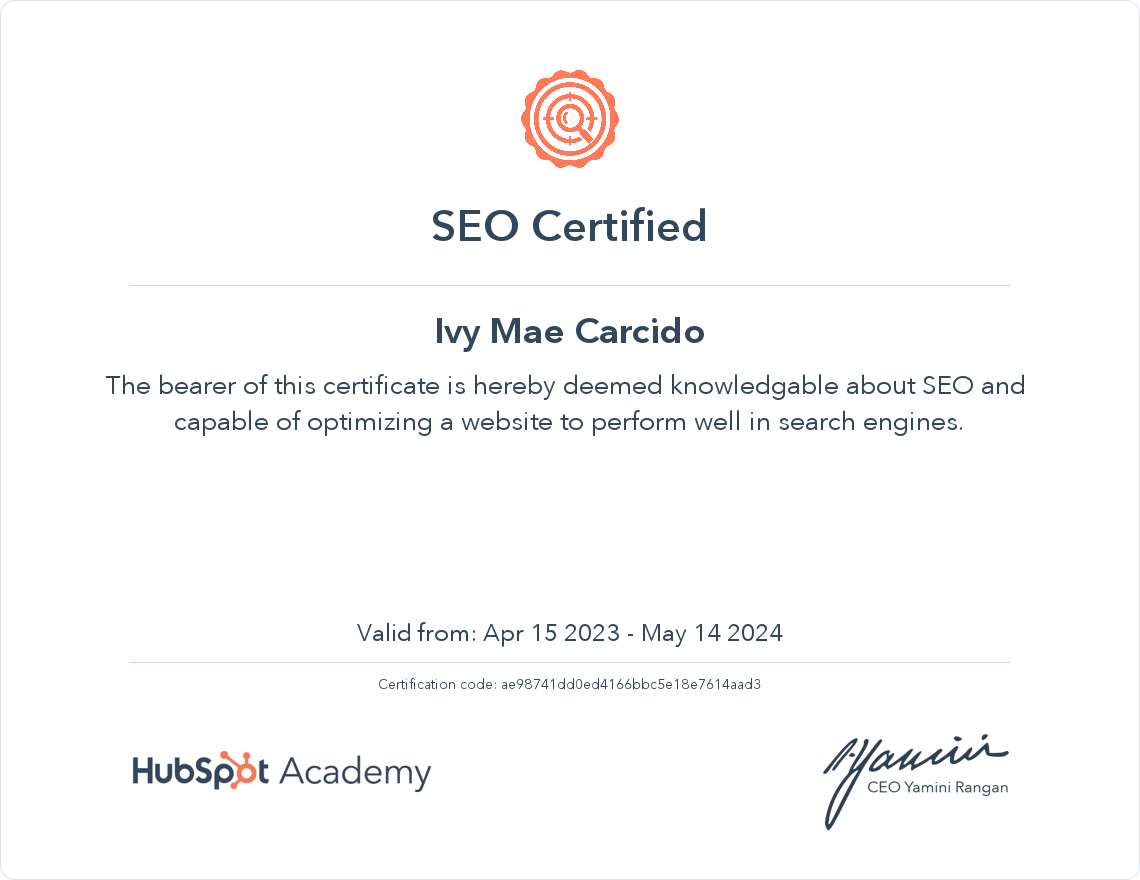 SEO Hubspot Certificate