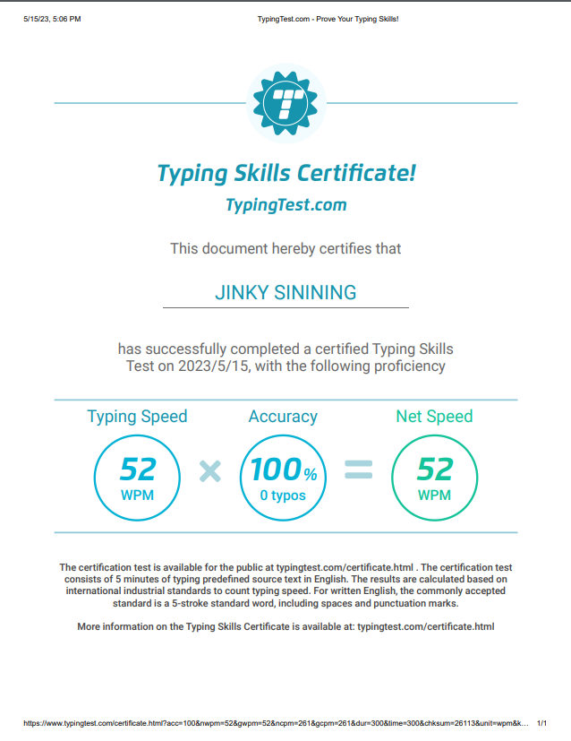 Typing Test Certificate