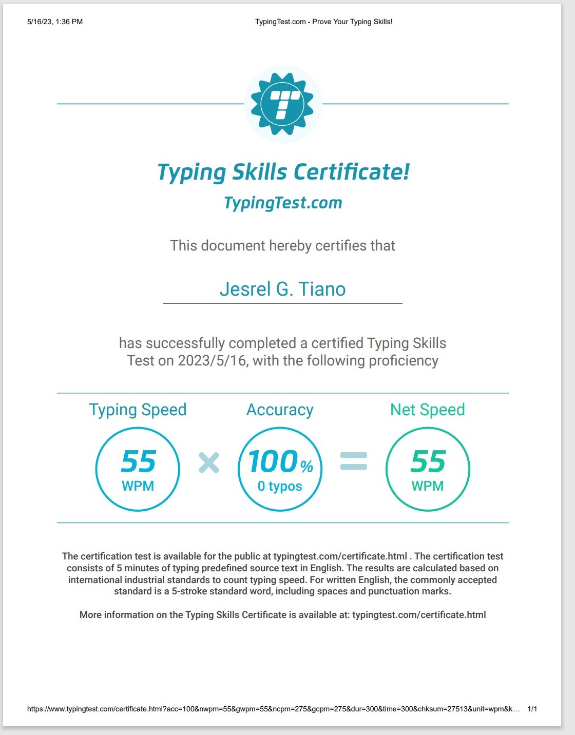 Typing Speed Certificate