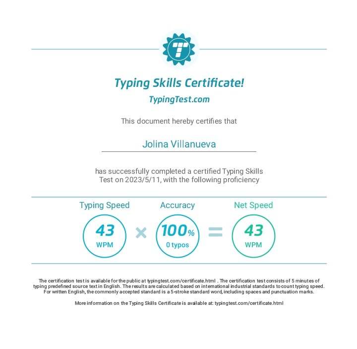 TYPING SKILLS CERTIFICATE