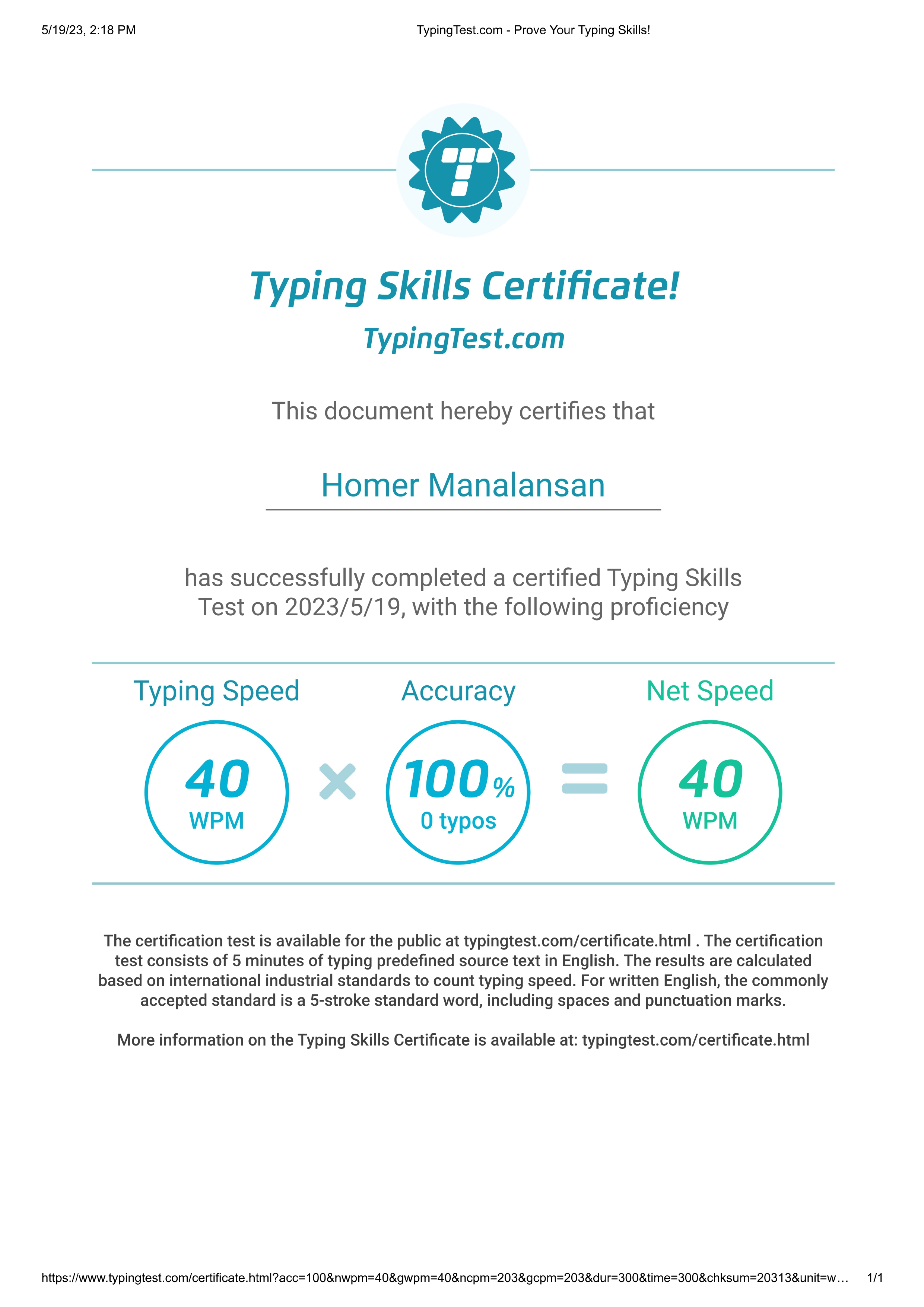 Typing Test Certificate