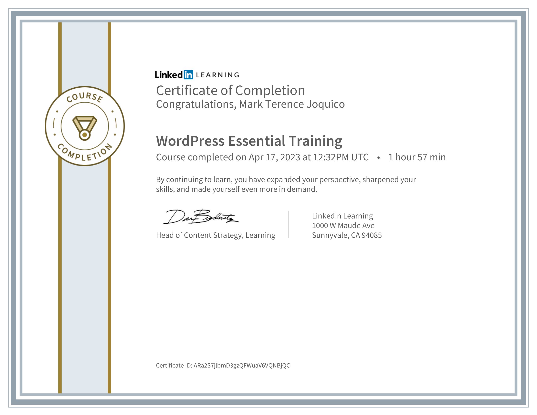 LinkedIn Certificate - WordPress Essential Training