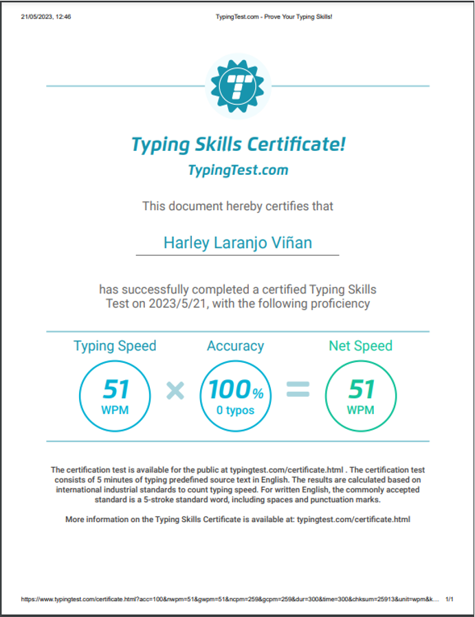 Typing  Certificate