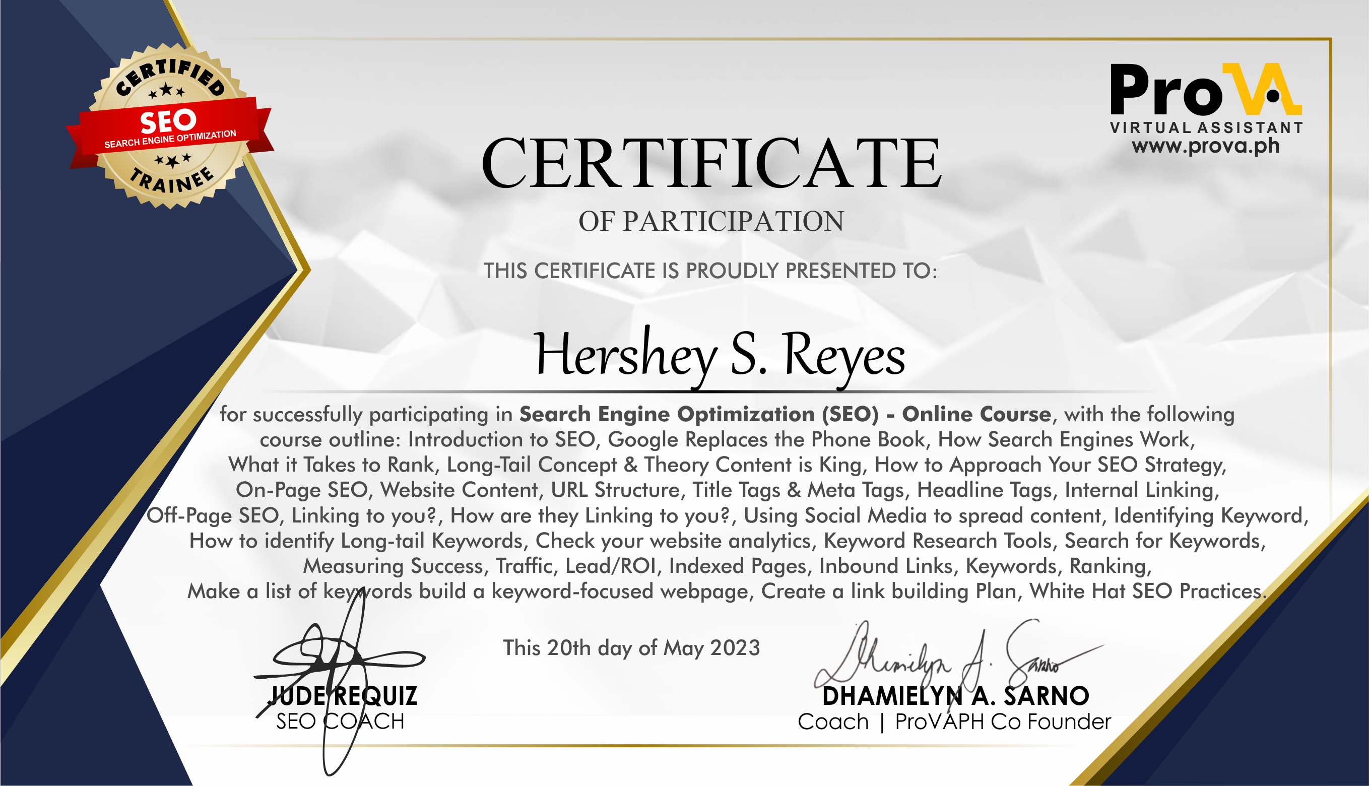 SEO Training Course Certificate