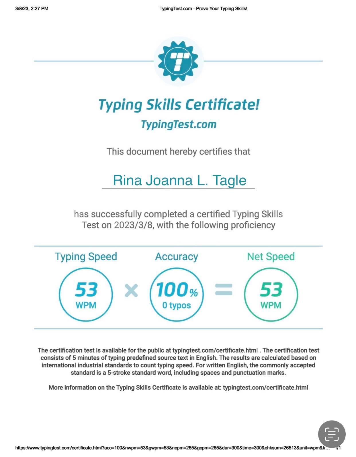 Typing skills certificate