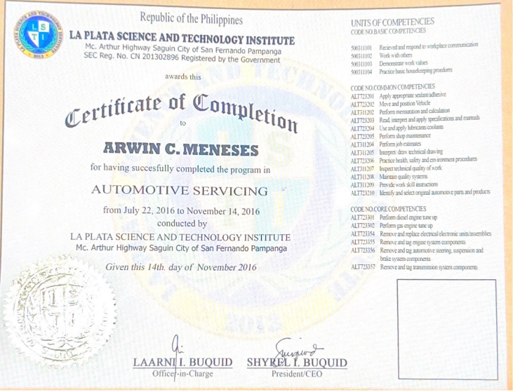 Automotive Certificate of Completion