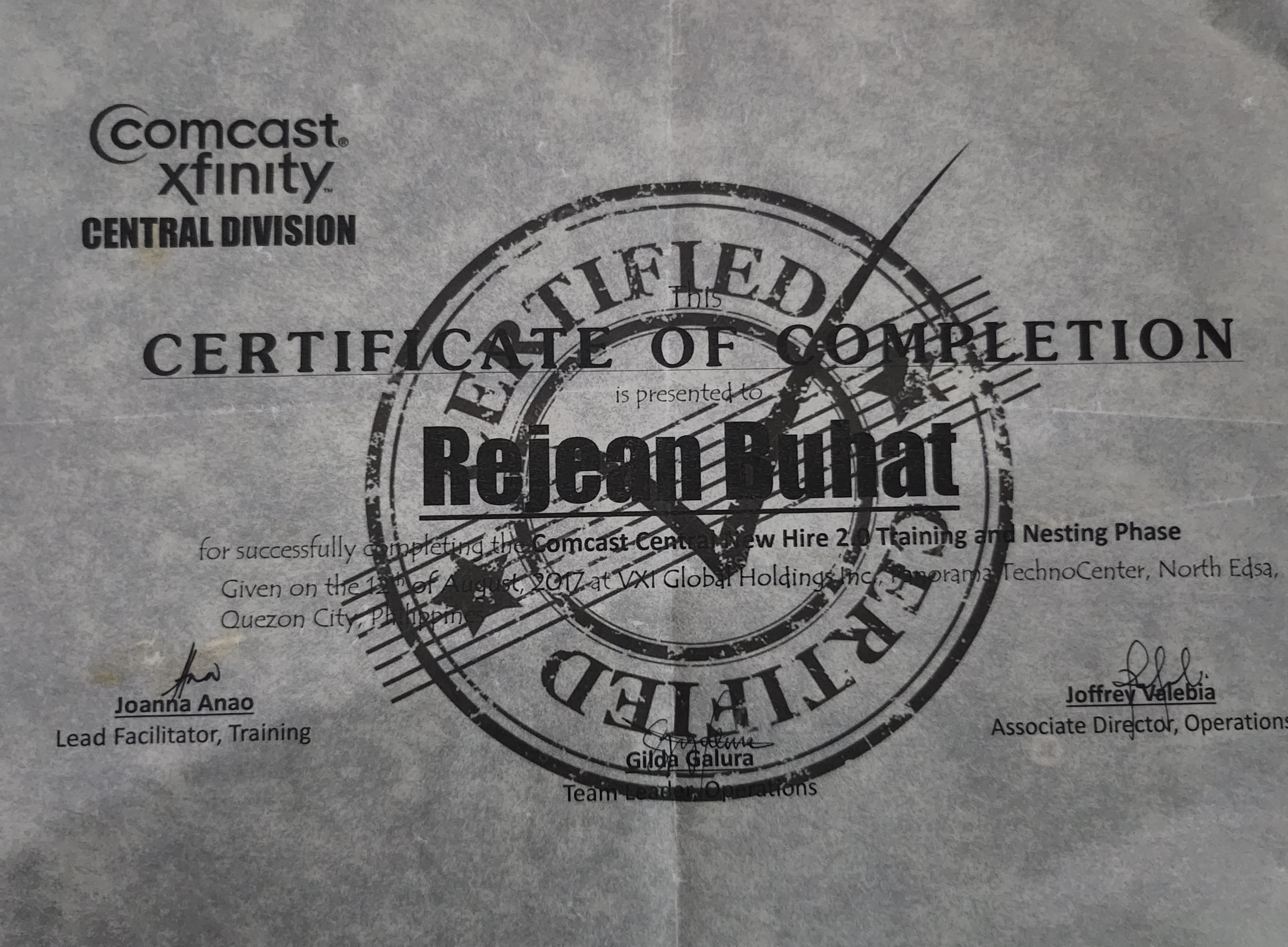 Certificate of Completion for Comcast Technical Support Representative