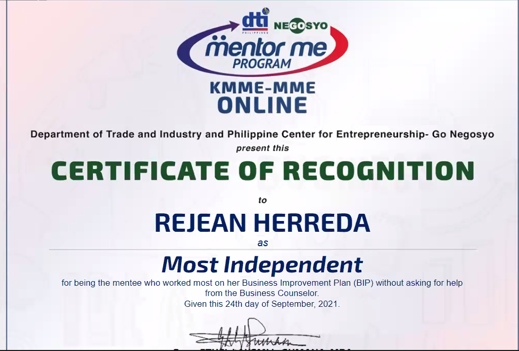 Most Independent Award for Kanegosyo Mentor Me Online  Program  of Department of Trade and Industry