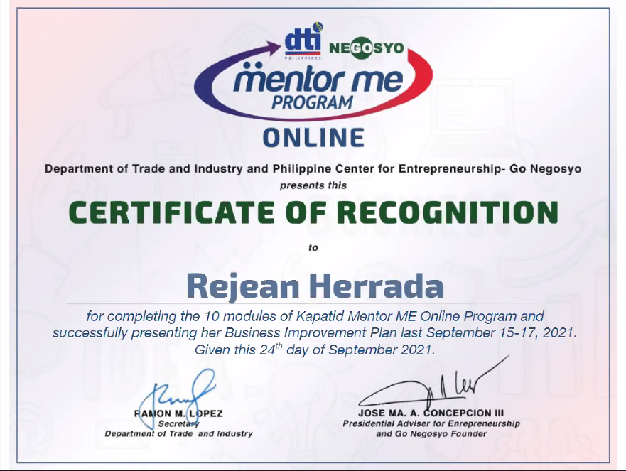 Kanegosyo Mentor Me Online  Program  of Department of Trade and Industry Certificate