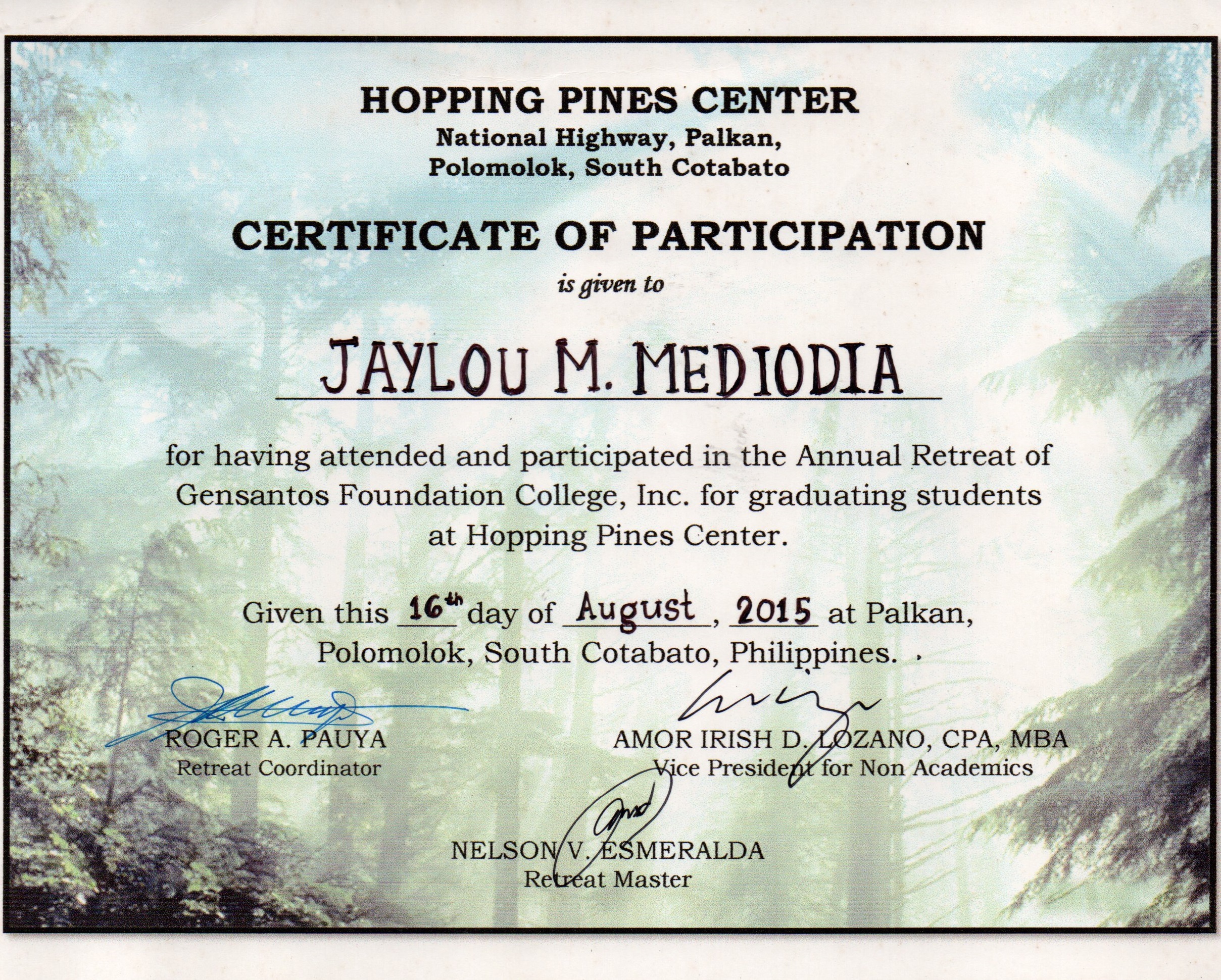 Certificate of Annual Retreat