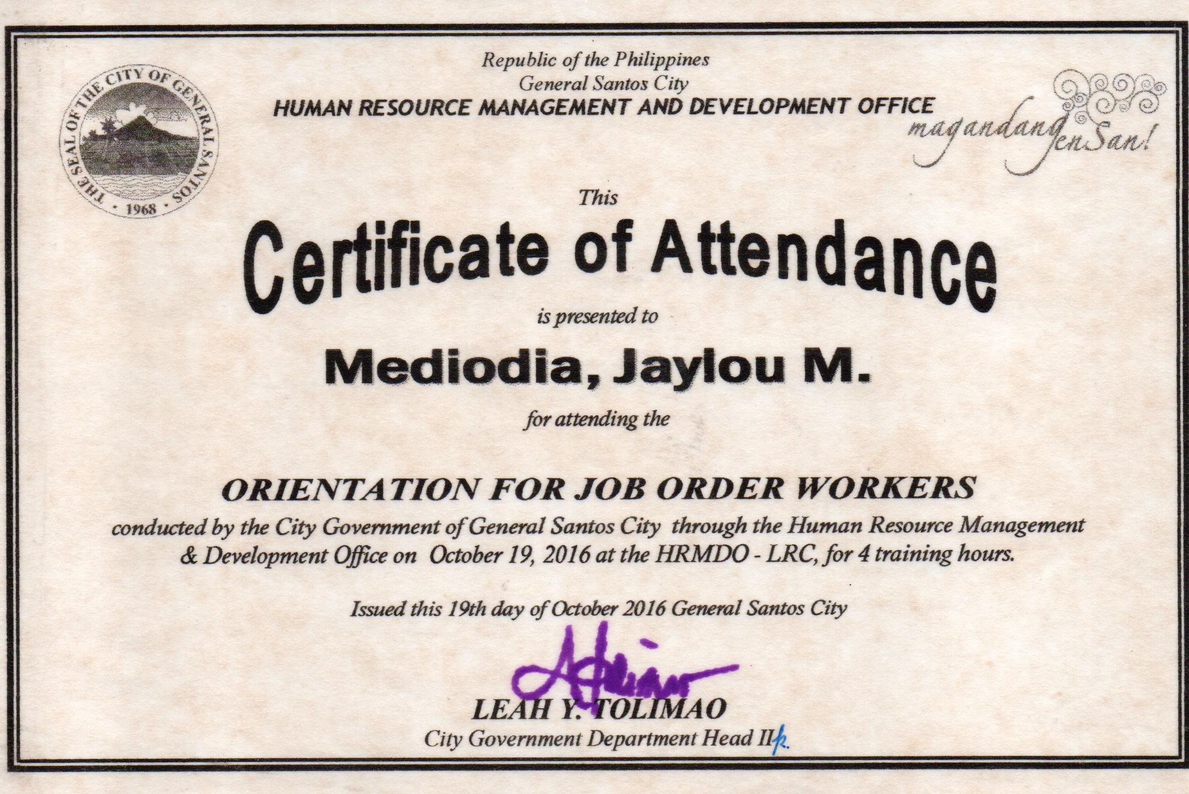 Certificate for Job Order Workers in LGU