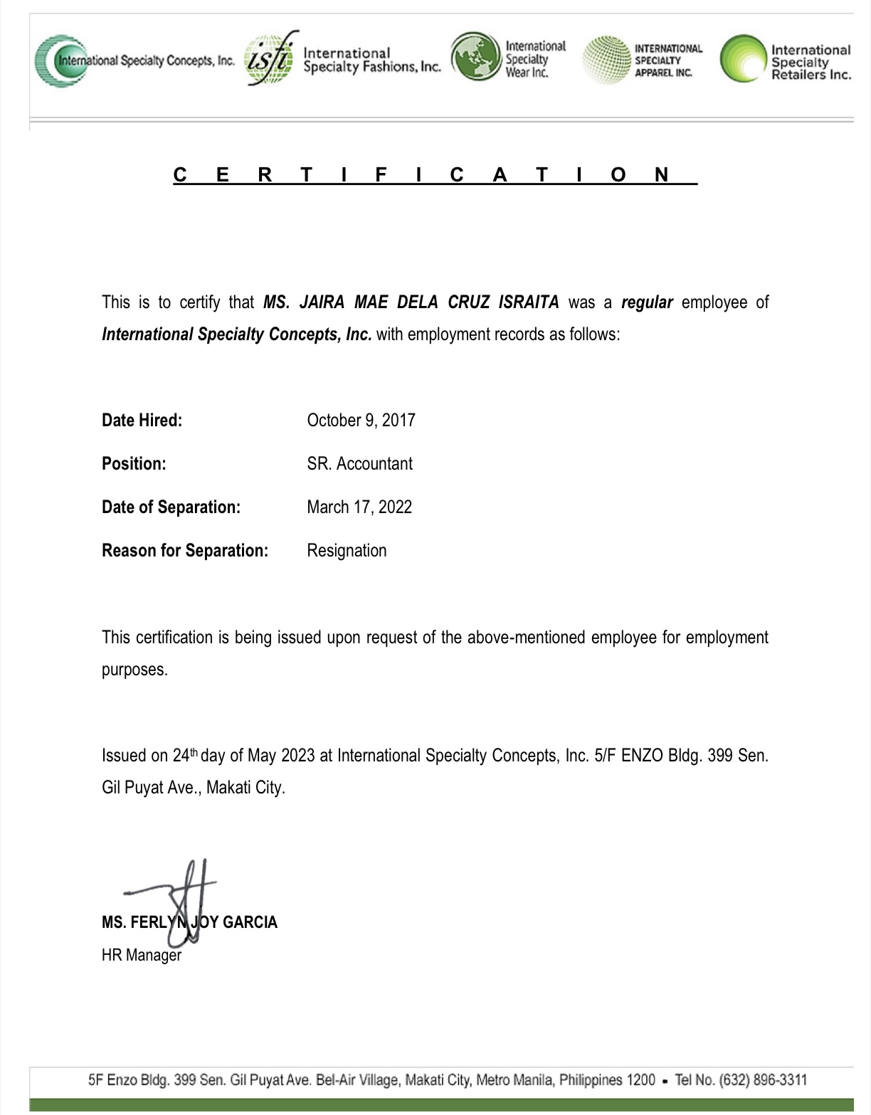 Certificate of Employment under ISCI