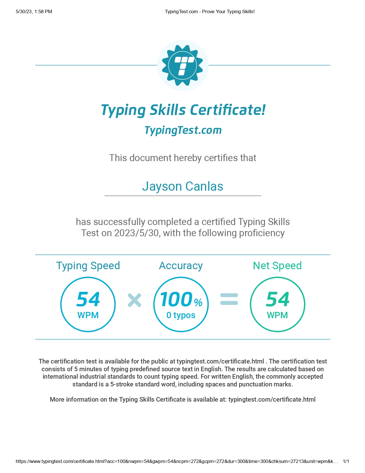 Typing Test Cert