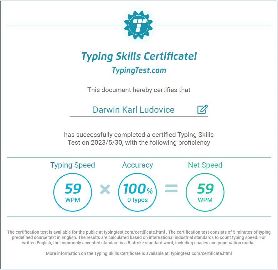 Typing Test Certificate