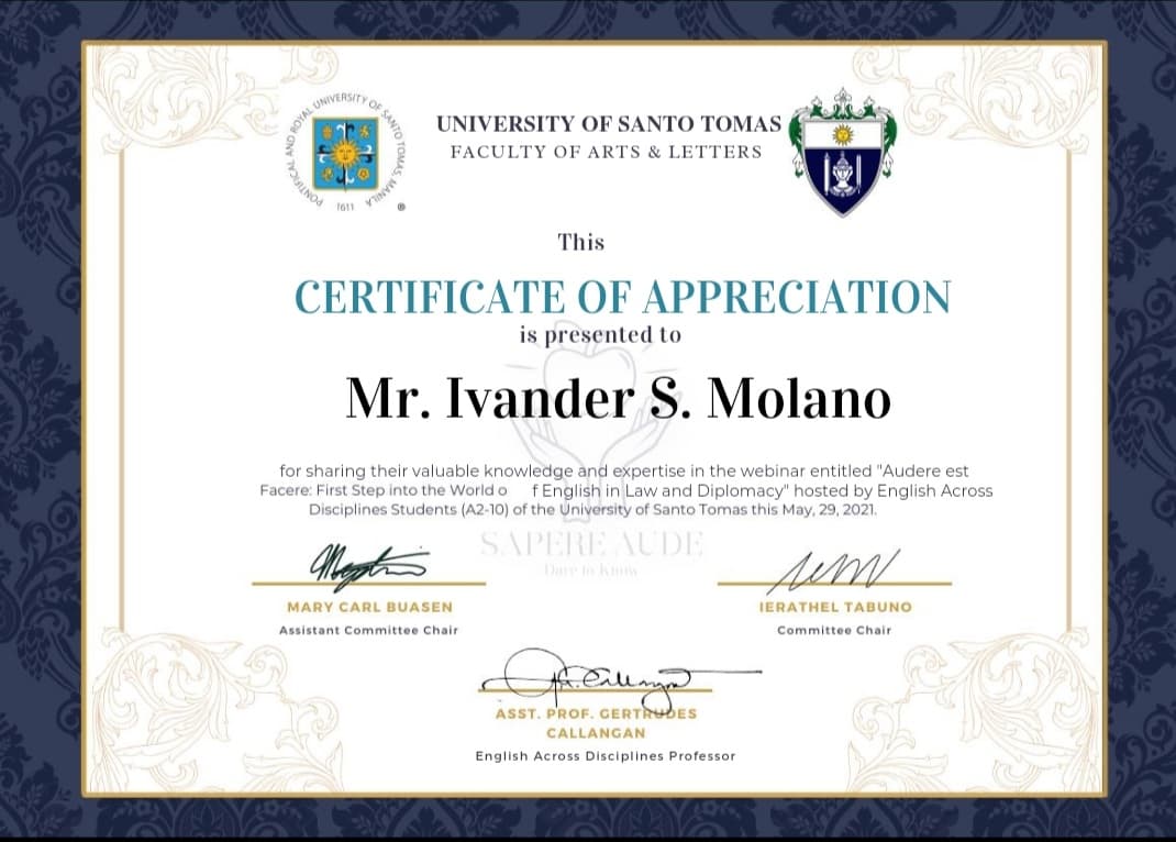 Certificate from University of Santo Tomas about "English in Law and Diplomacy" dated May 29, 2021