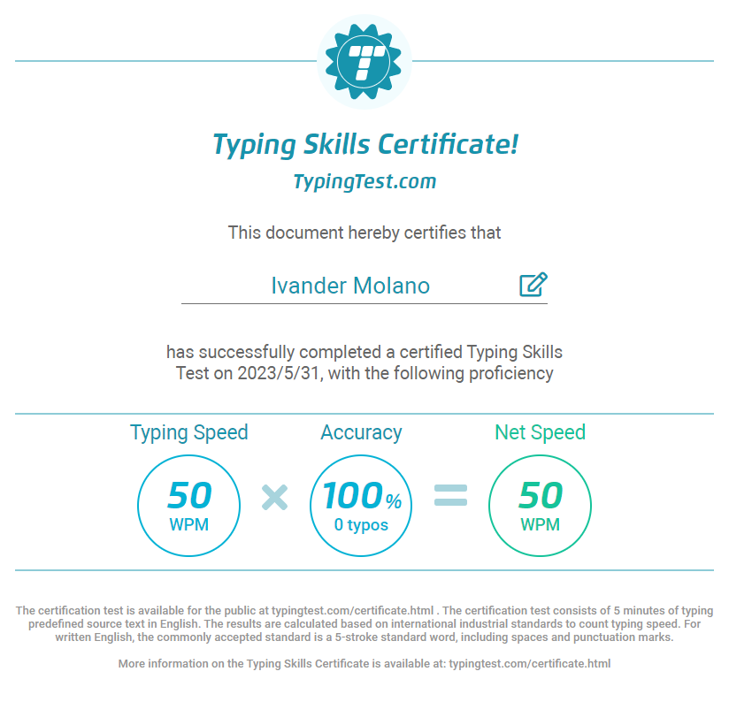 Typing test certificate