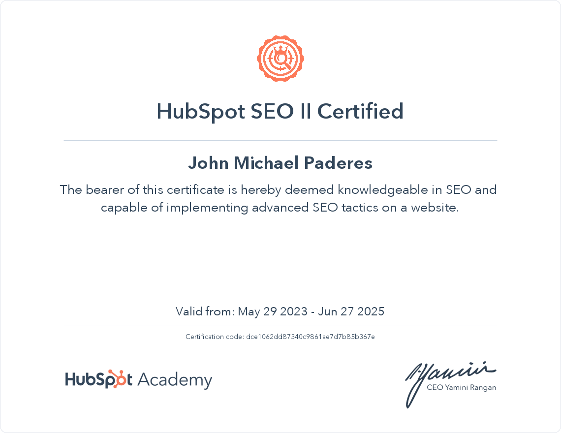 HubSpot SEO II Certificate