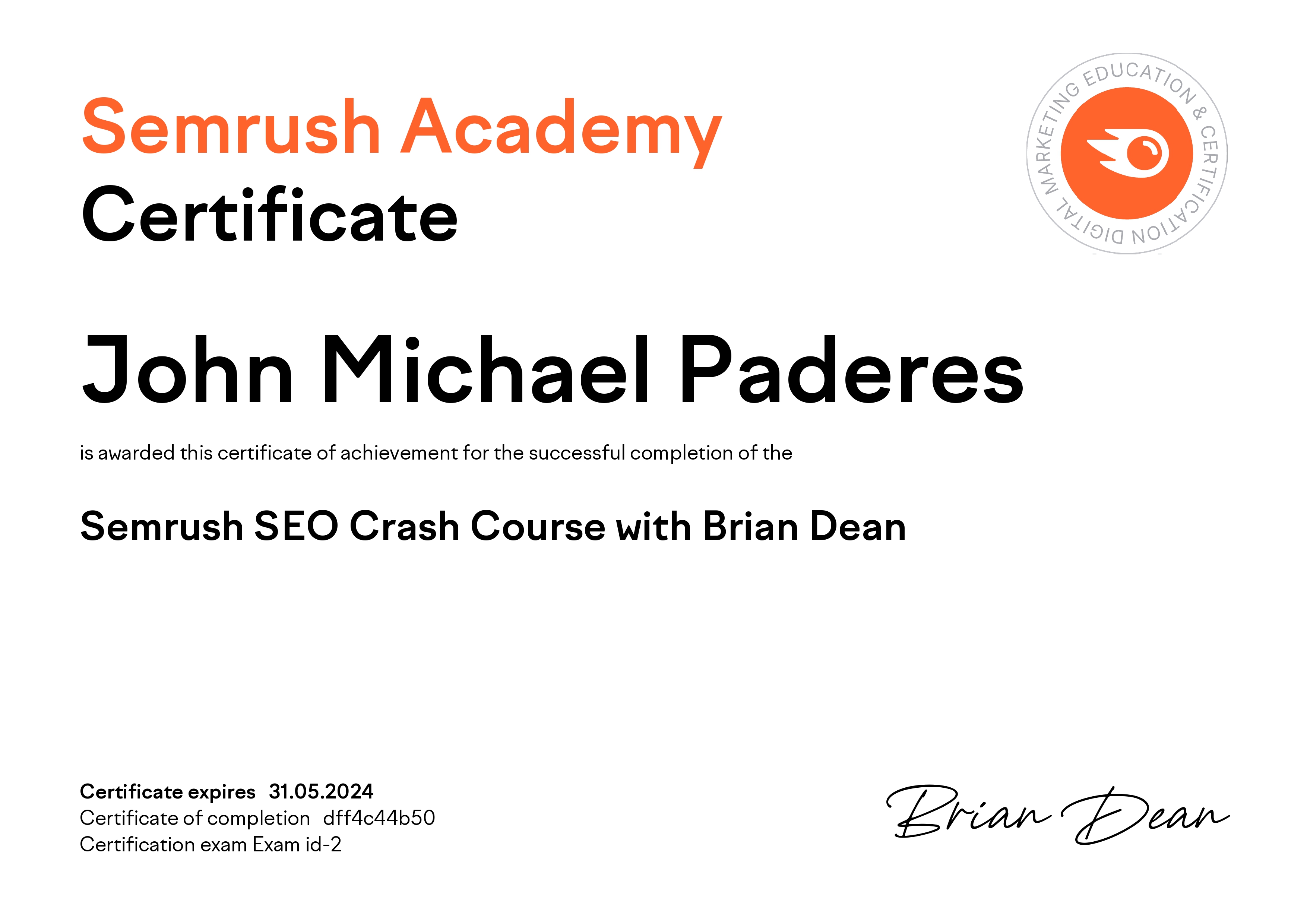 Semrush SEO Crash Course Certificate