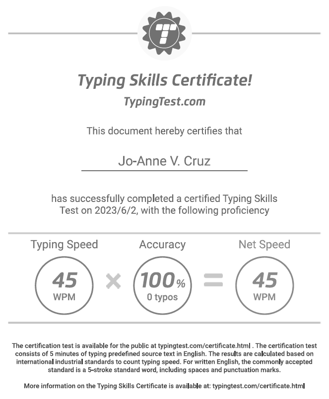 Typing Skills Certificate