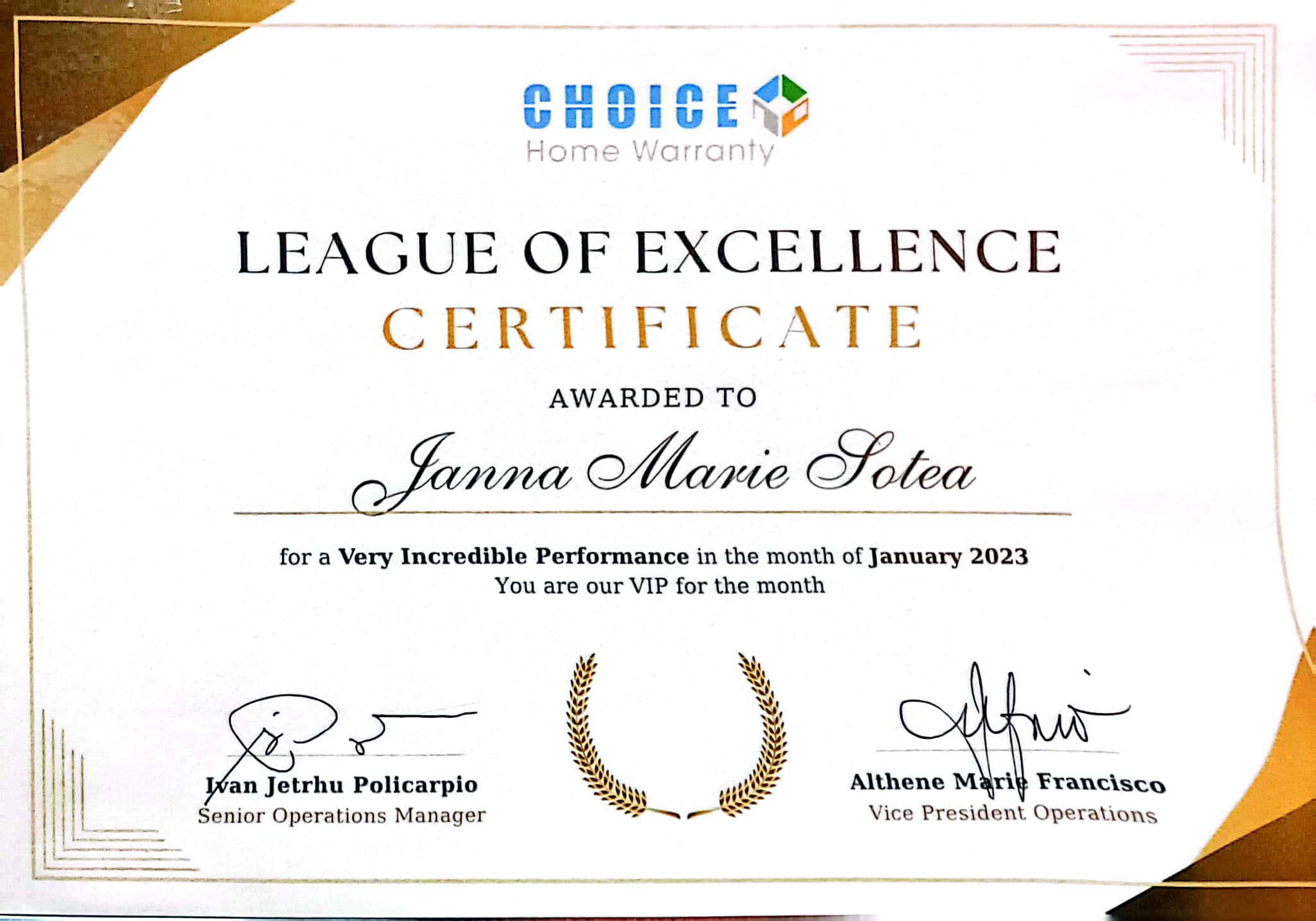 League of Excellence Certificate