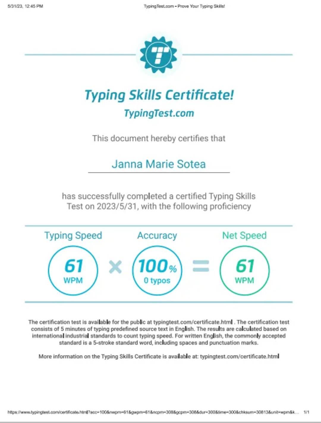 Typing Skills Certificate