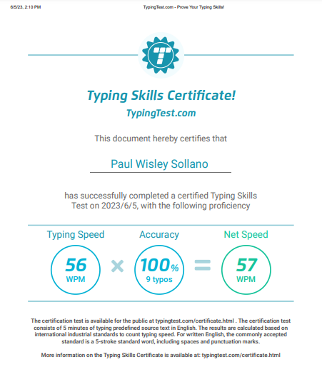 Typing Skills Certificate