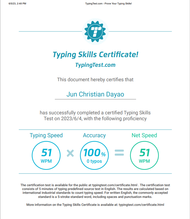 Typing Skills Certificate