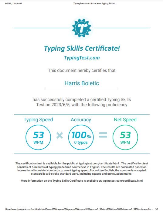 Typing Certificate