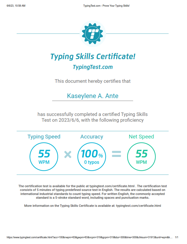 Typing Test Certificate