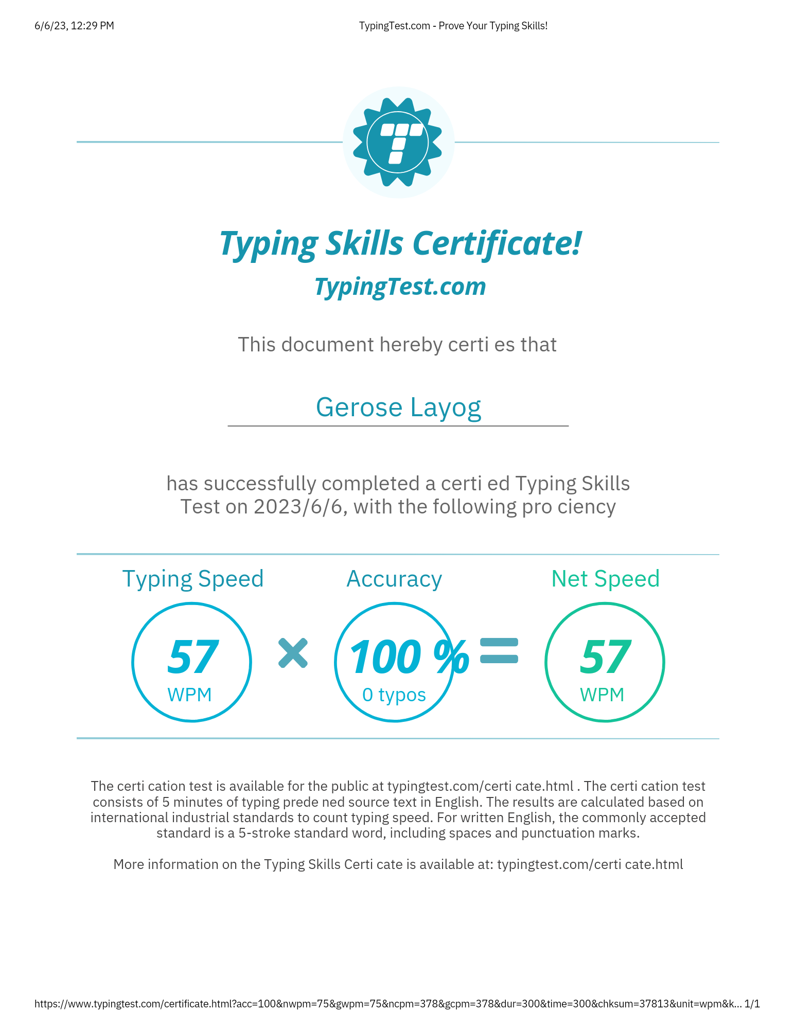 Typing Skills Certificate