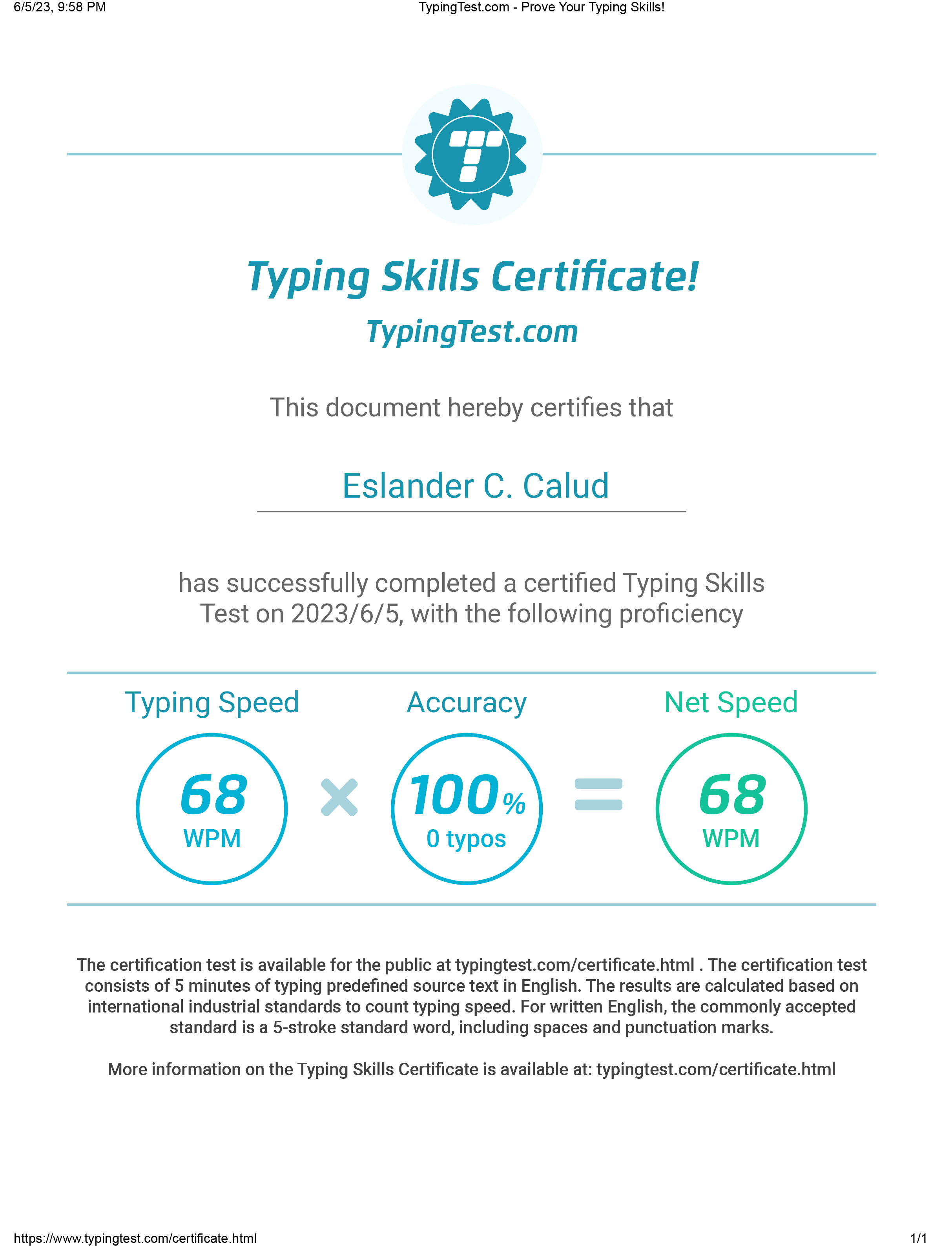 Typing Test Certificate