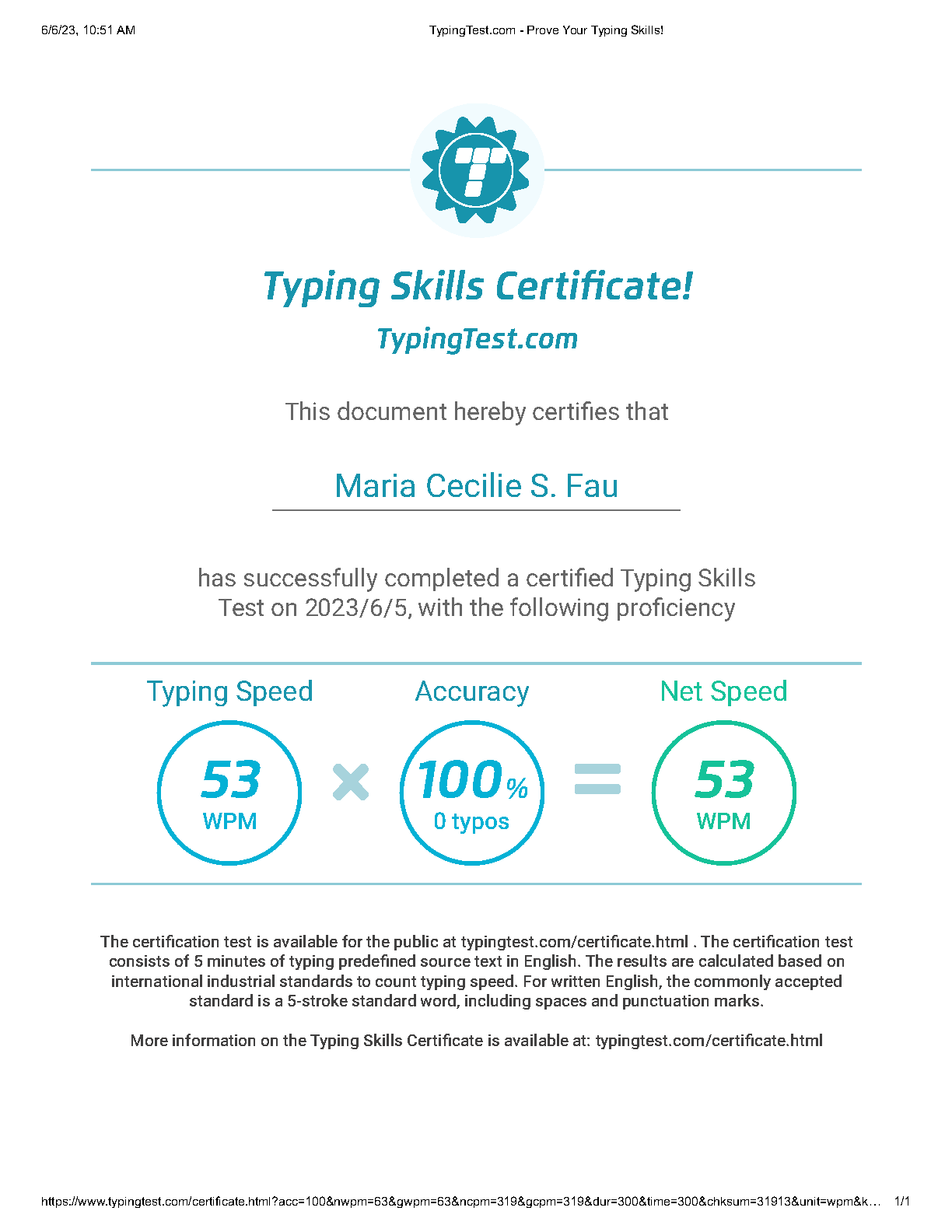 Typing Skills Certificate