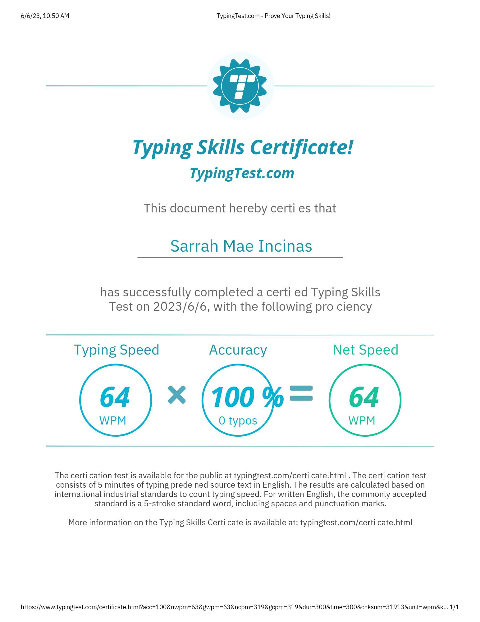 Typing certificate