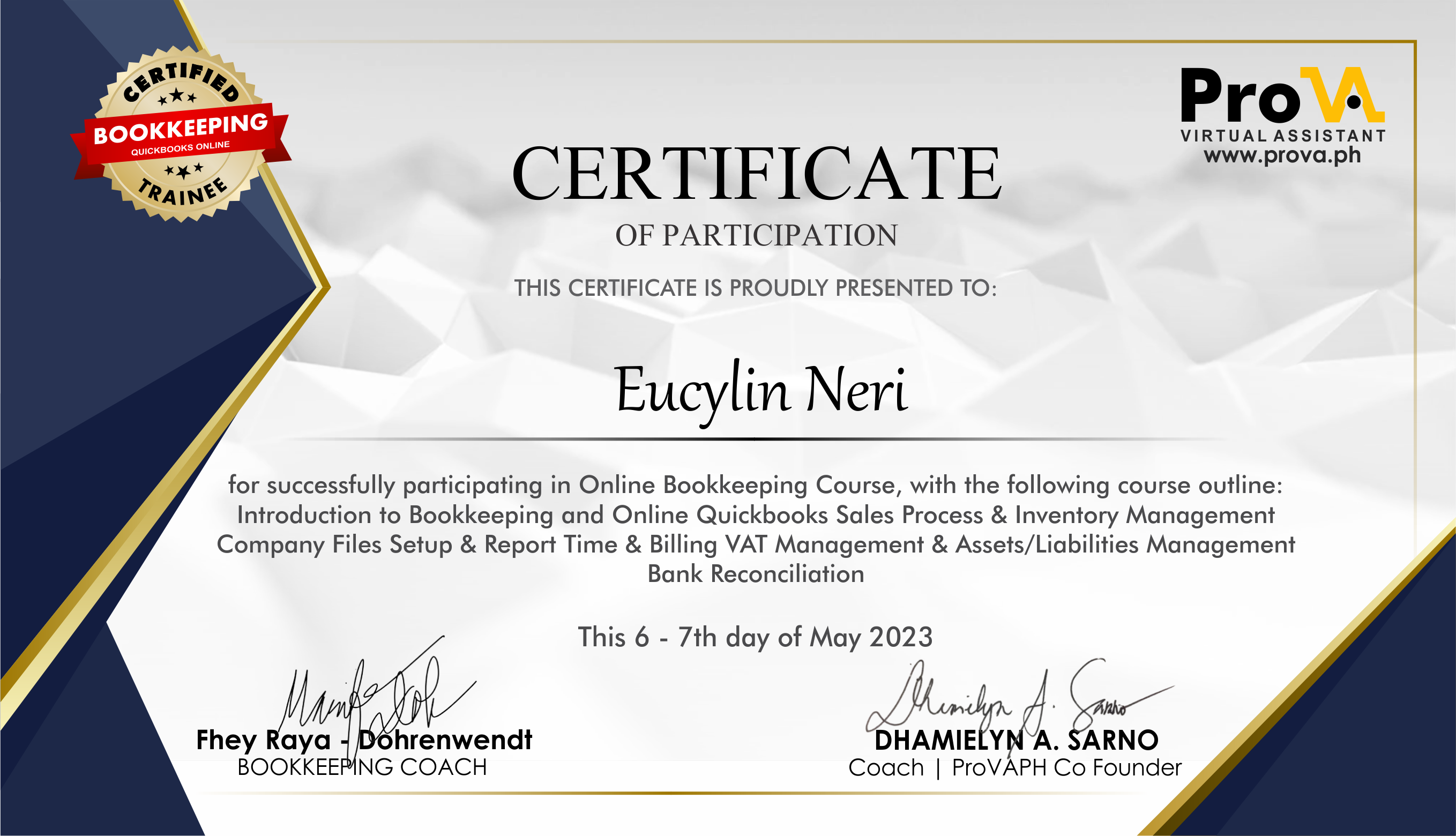 Bookkeeping Certificate/Quickbooks