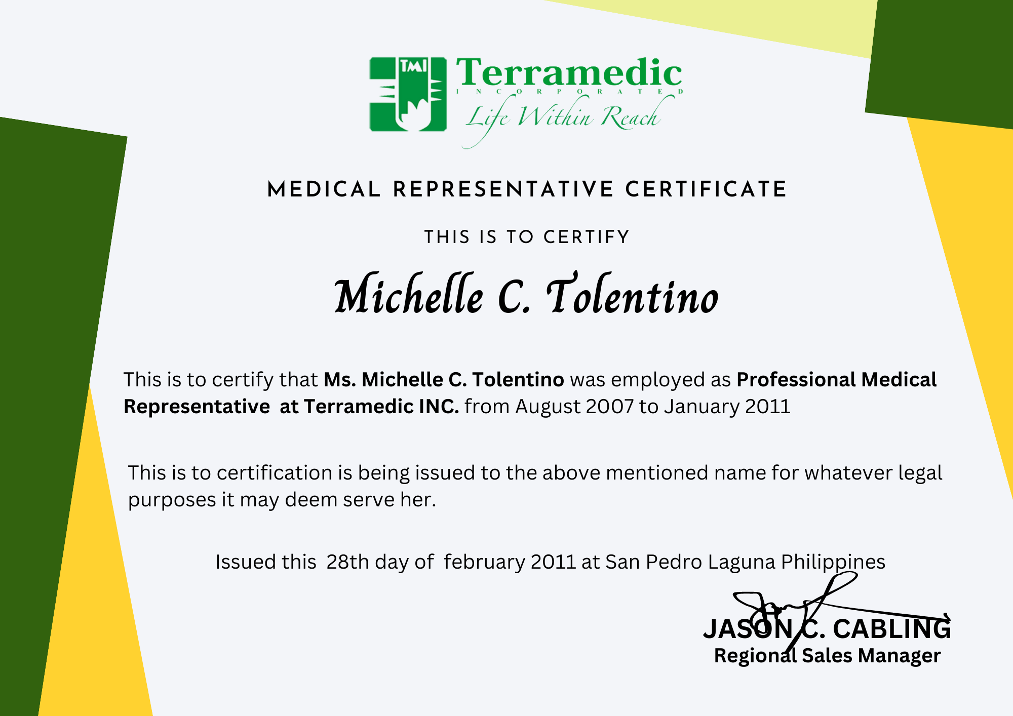 Medical Representative Certificate