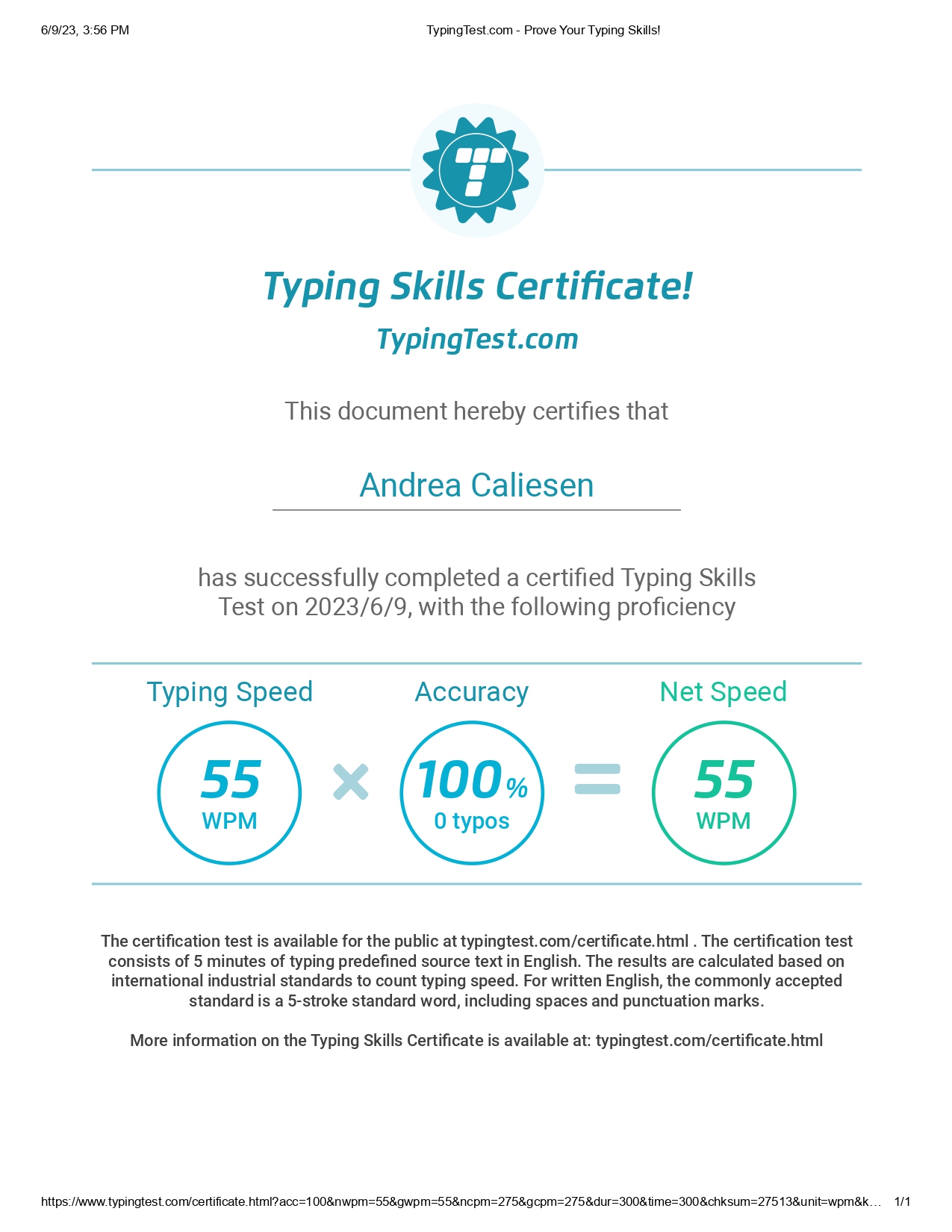 Typing Test Certificate