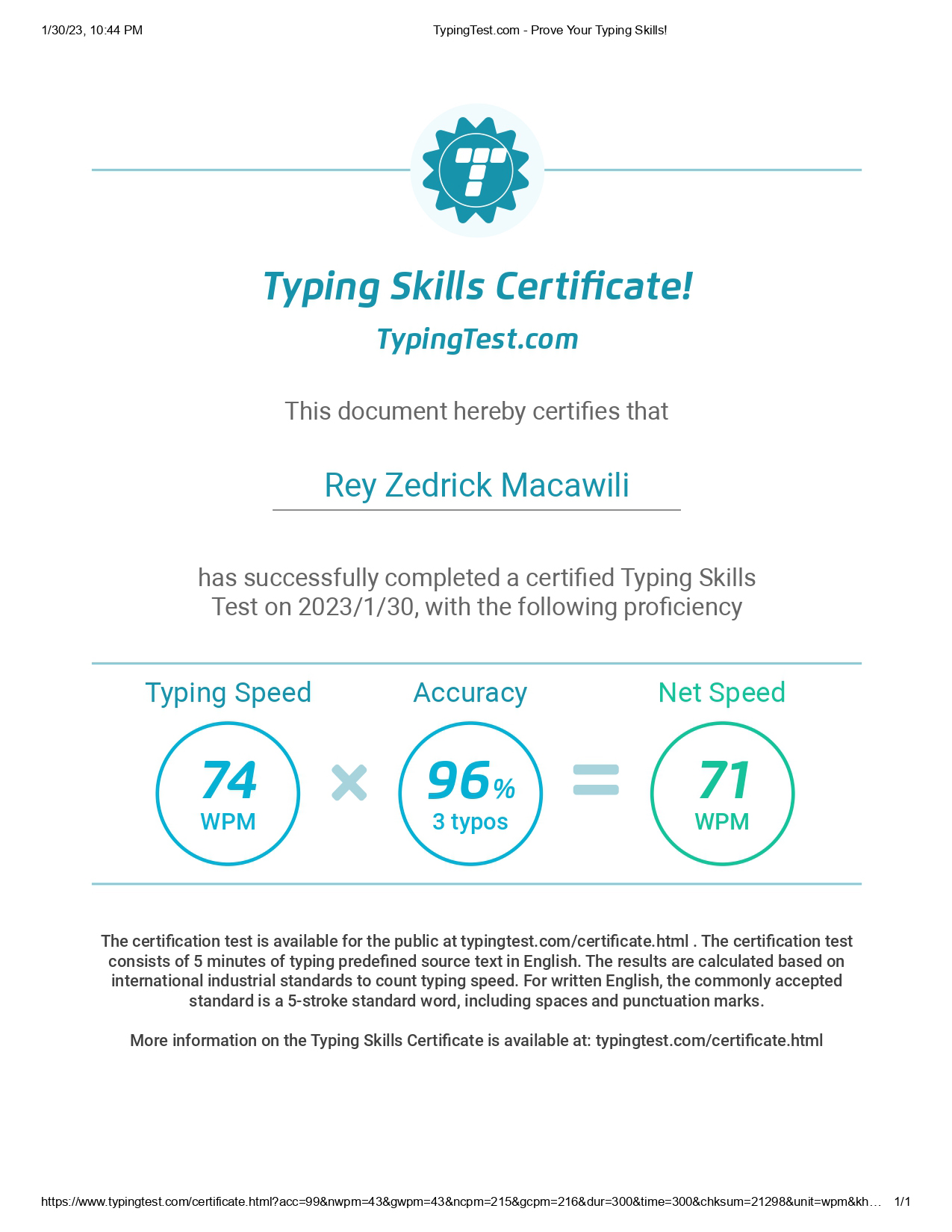 My typing test result