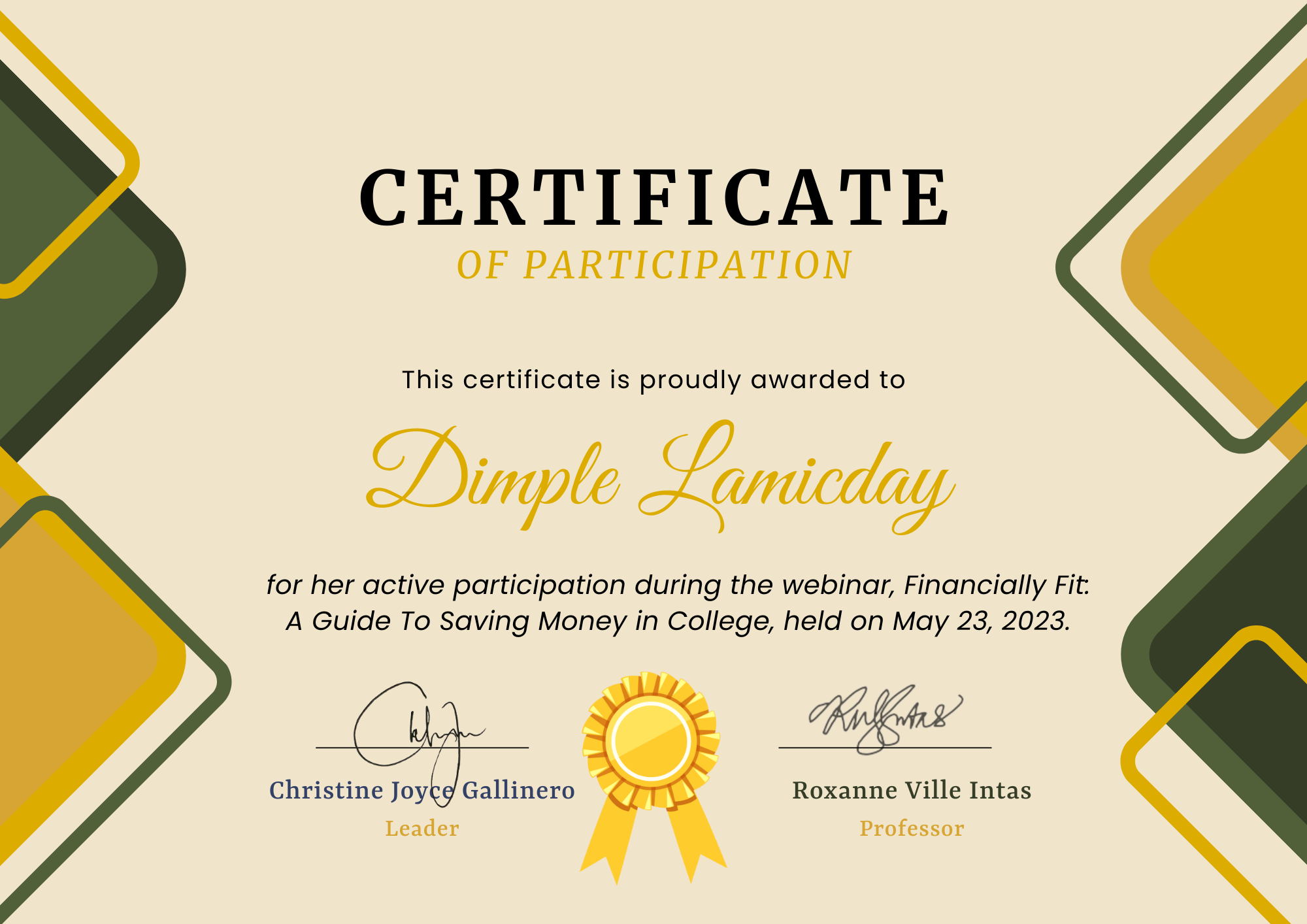 CERTIFICATE OF PARTICIPATION IN FINANCIALLY FIT: A GUIDE TO SAVING MONEY IN COLLEGE WEBINAR