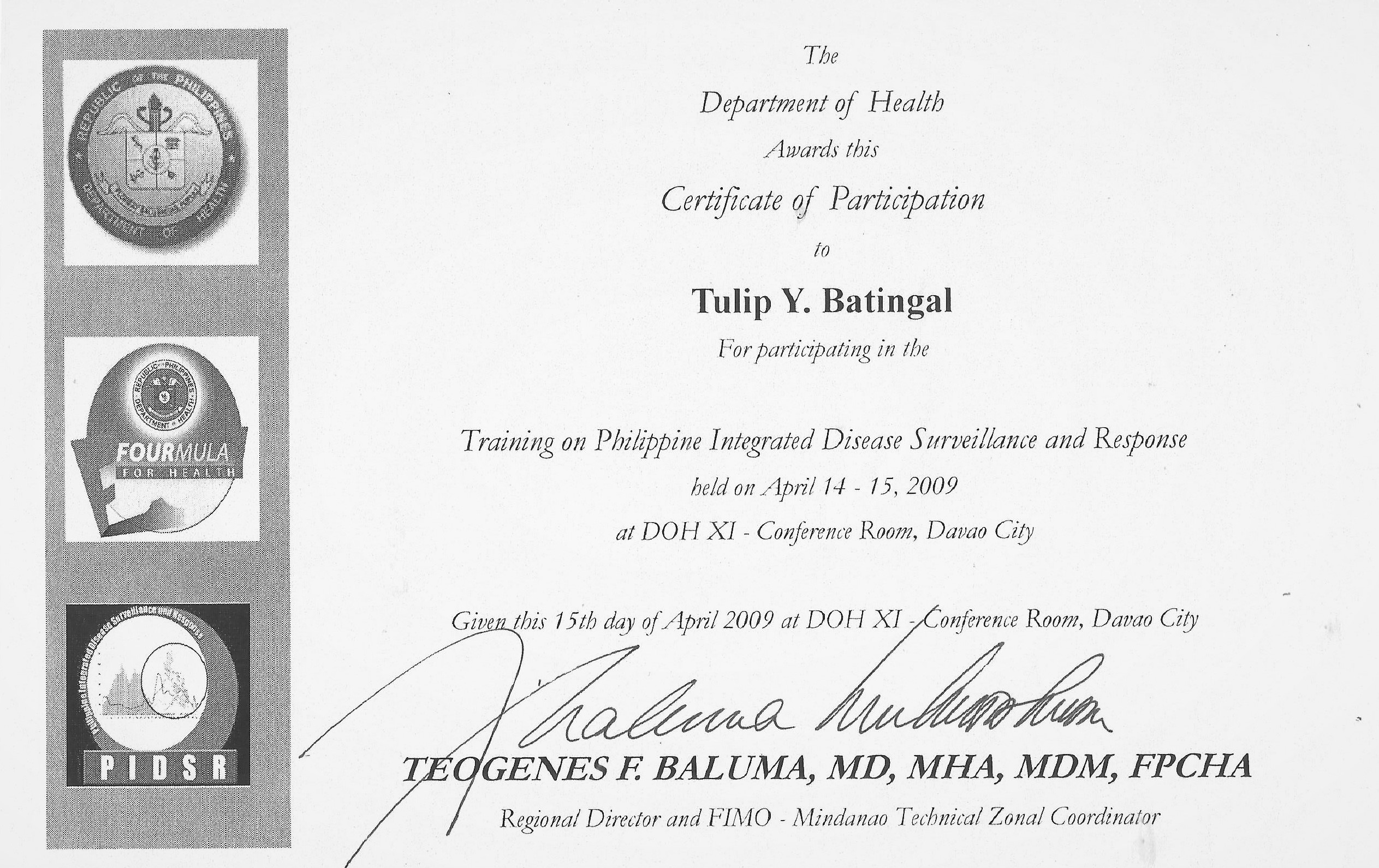 Certificate of Training on Philippine Integrated Disease Surveillance and Response