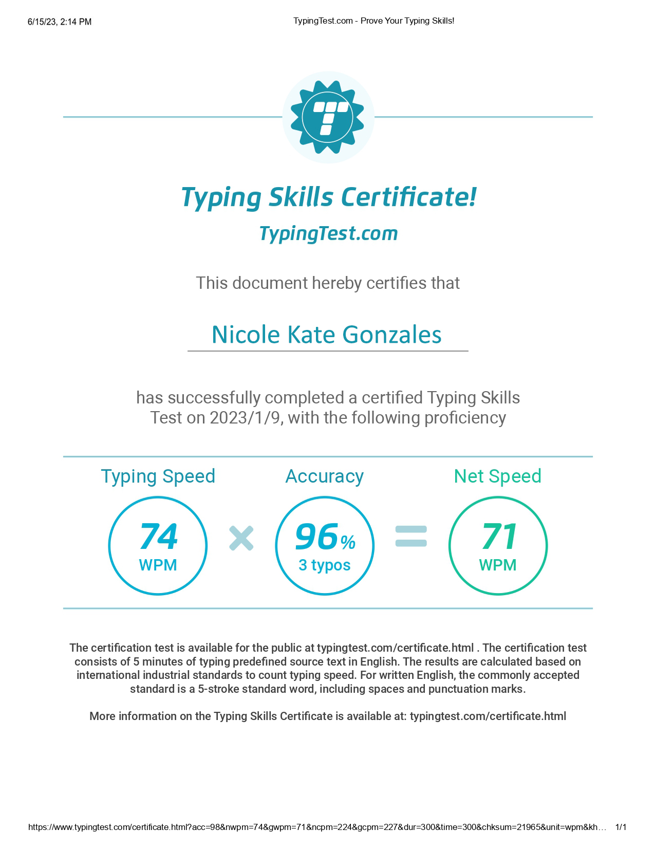 Typing Skills Certificate