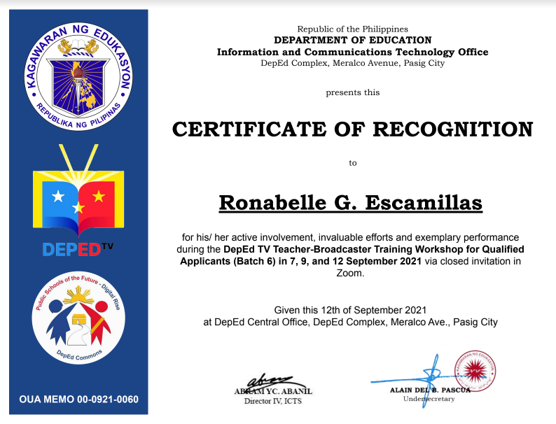 DepEd TV-Broadcaster Workshop-Training Certificate